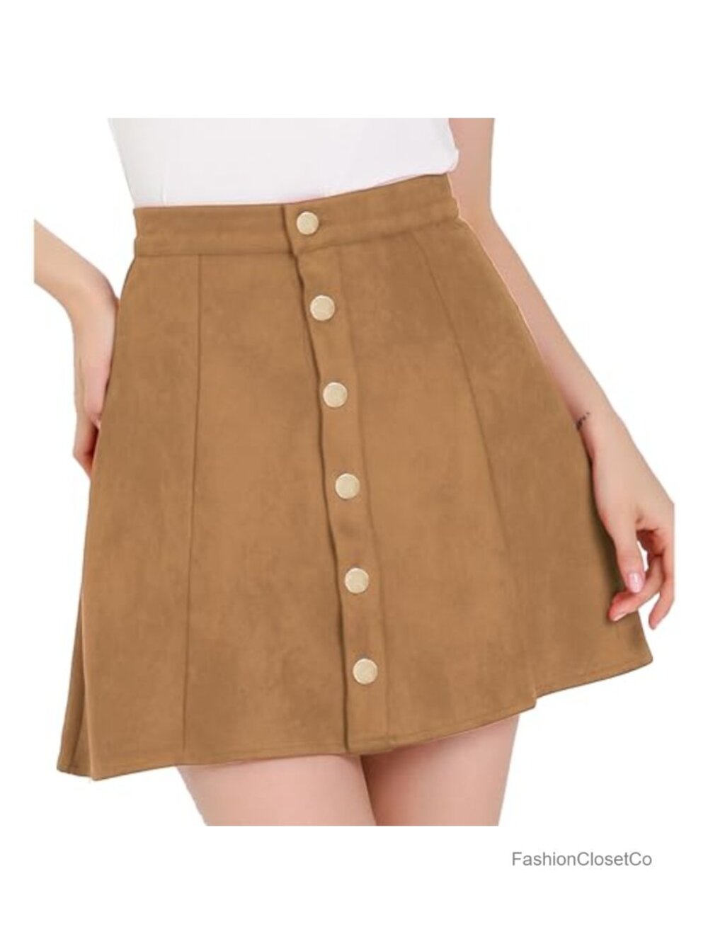 Faux Suede High Waisted A-Line Mini Skirt Button Front